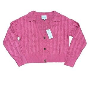 Pink Womens Cropped Cable Knit Cardigan Button-Up Barbiecore Rose Sz M NWT